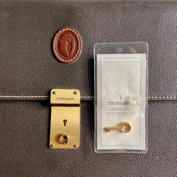 Trussardi Brown Canvas Document Holder Bag Large Case with Lock & Key Vintage - Picture 8 of 16